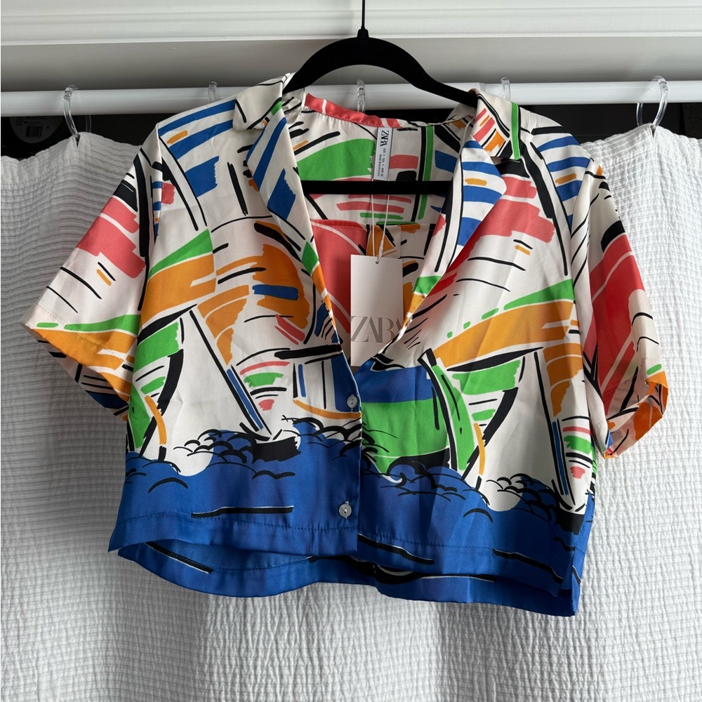 Zara Red Orange Short Sleeve Crop Button Down